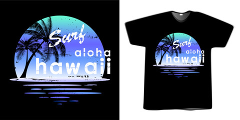 Tee Ocean Hawaii Sunset. T-shirt and apparel vector design, print, aloha typography, poster, emblem sea with palm trees, editable