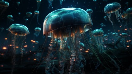 Neon Jellyfish Swim in Ultra HD with Super Details: A Mesmerizing Underwater Design in Radiant Blue Light and Glowing Motion, Generative AI