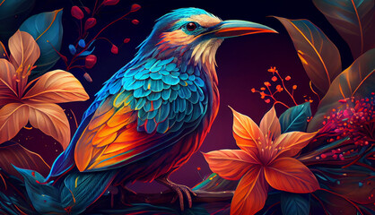 A beautiful bird colorful with seasonal spring theme. Vintage and classic retro bird illustration background for wallpaper. Generative Ai.