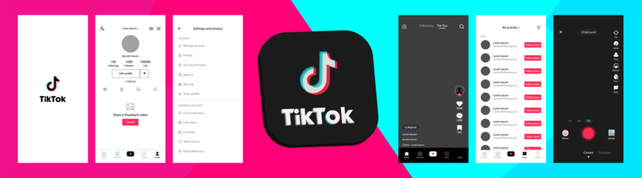 TikTok mockup. Set screen social media and network interface template. Editorial