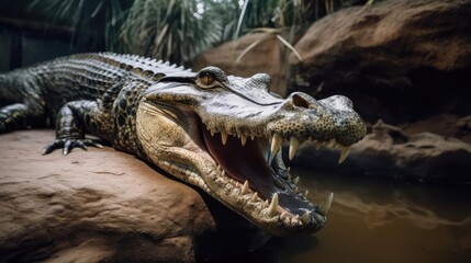 Fototapeta premium Closeup of a crocodile and alligator in water 