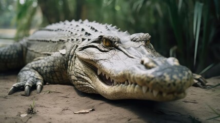 Fototapeta premium Closeup of a crocodile and alligator in water 