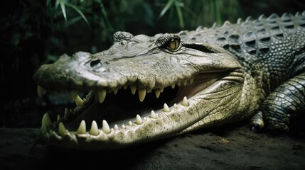 Fototapeta premium Closeup of a crocodile and alligator in water 