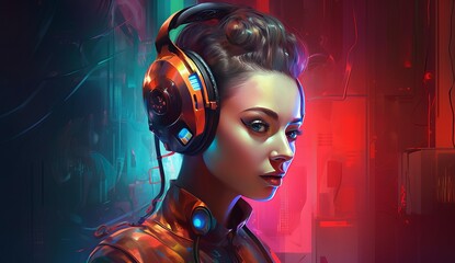 Fototapeta premium Futuristic Cyberpunk Woman Gamer Portrait Digital generated Illustration Artwork Pattern background