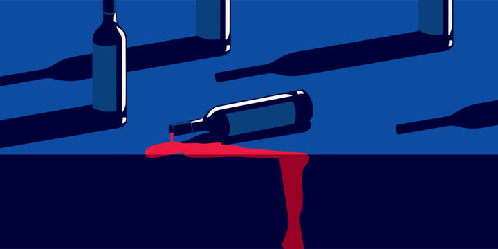 A bottle of wine fell and spilled on the table. Vector illustration in retro style.