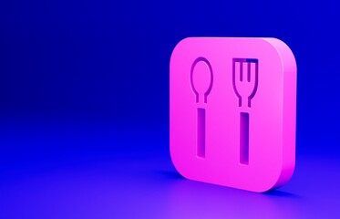 Pink Fork and spoon icon isolated on blue background. Cooking utensil. Cutlery sign. Minimalism concept. 3D render illustration