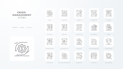 Crisis management icons collection with black outline style. risk, analysis, solution, assessment, problem, prevention, solving. Vector illustration