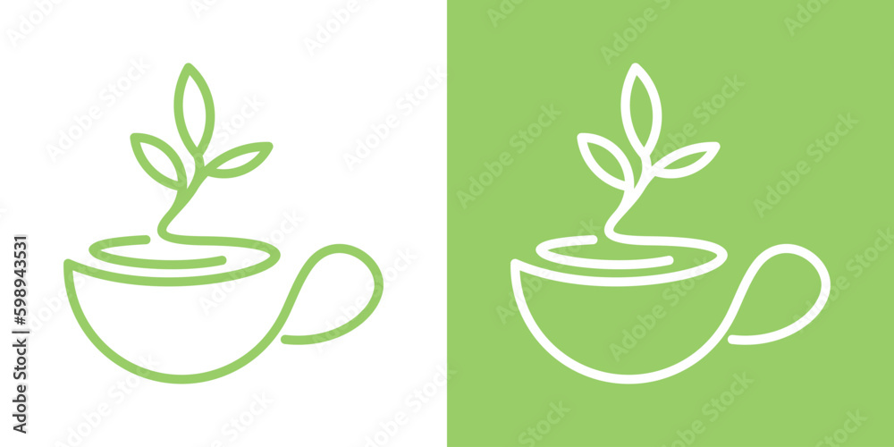 Sticker organic tea logo design, tea cup and leaf design icon vector illustration