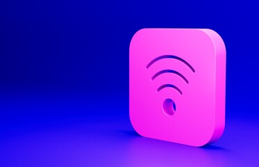 Pink Wi-Fi wireless internet network symbol icon isolated on blue background. Minimalism concept. 3D render illustration