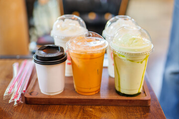 Some beverages hot and cold drinks, coffee, milked tea, smoothie green tea, ready to serve to...