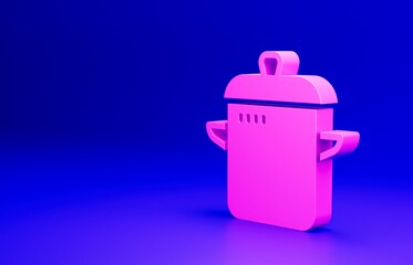Pink Cooking pot icon isolated on blue background. Boil or stew food symbol. Minimalism concept. 3D render illustration