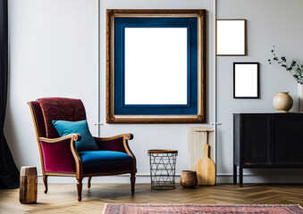 Three picture frames on the wall in living room. Mock up interior design. Empty space for a text or image. Copy space, add photo, image or logo. Ai generative