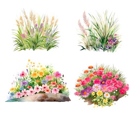 Garden blooming flower bed set. Landscape design set. Hand drawn watercolor illustration isolated on white background - obrazy, fototapety, plakaty