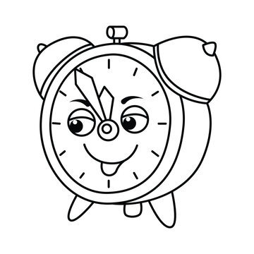 Funny clock cartoon characters vector illustration. For kids coloring book.