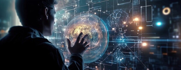 Person Touching Digital World, Interactive Globe, Futuristic Technology, Global Connectivity, Virtual Icons, Generative AI