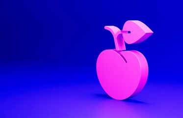 Pink Peach fruit or nectarine with leaf icon isolated on blue background. Minimalism concept. 3D render illustration