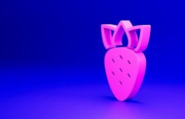 Pink Strawberry icon isolated on blue background. Minimalism concept. 3D render illustration