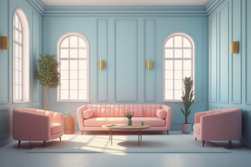 3d room scene with blue sofas and light, pink walls. Generative AI Generative AI
