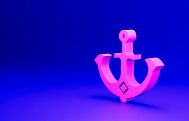 Pink Anchor icon isolated on blue background. Minimalism concept. 3D render illustration