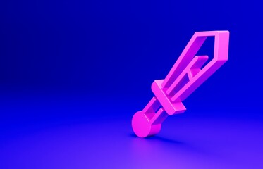 Pink Medieval sword icon isolated on blue background. Medieval weapon. Minimalism concept. 3D render illustration