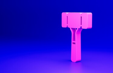 Pink Auction hammer icon isolated on blue background. Gavel - hammer of judge or auctioneer. Bidding process, deal done. Auction bidding. Minimalism concept. 3D render illustration