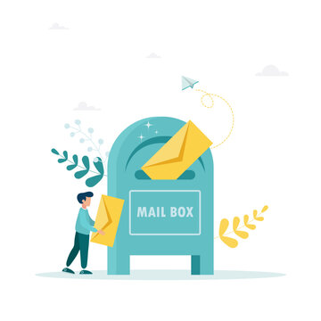 Vector illustration, mailbox with letters, receiving letters, sorting, web mail or mobile service mockup for website header. The guy is carrying a letter. Flat style.
