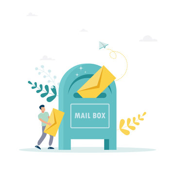 Vector illustration, mailbox with letters, receiving letters, sorting, web mail or mobile service mockup for website header. The guy is carrying a letter. Flat style.
