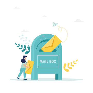 Vector illustration, mailbox with letters, receiving letters, sorting, web mail or mobile service mockup for website header. The girl is carrying a letter. Flat style.
