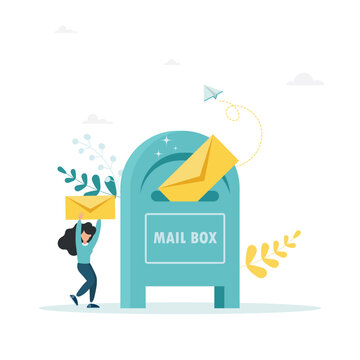 Vector illustration, mailbox with letters, receiving letters, sorting, web mail or mobile service mockup for website header. The girl is carrying a letter. Flat style.
