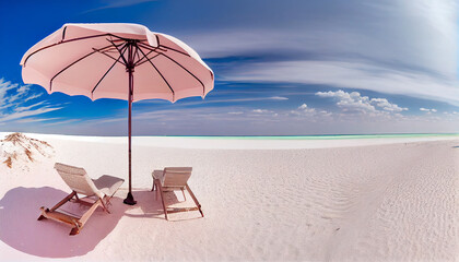 Vibrant Beach Panorama: White Sand, Chairs, Umbrella & Scenic Travel Tourism Background (Generative AI)