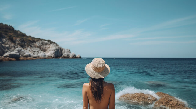 Back View of Unrecognizable Beautiful Woman in Swimwear Admiring Idyllic Seascape - Generative Ai