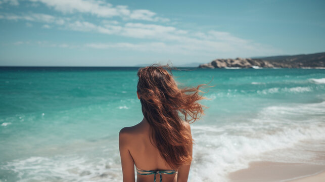 Back View of Unrecognizable Beautiful Woman in Swimwear Admiring Idyllic Seascape - Generative Ai