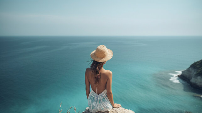 Back View of Unrecognizable Woman in Swimwear Admiring Blue Sea on Sunny Day - Generative Ai