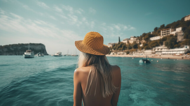 Back View of Unrecognizable Woman in Swimwear Admiring Blue Sea on Sunny Day - Generative Ai