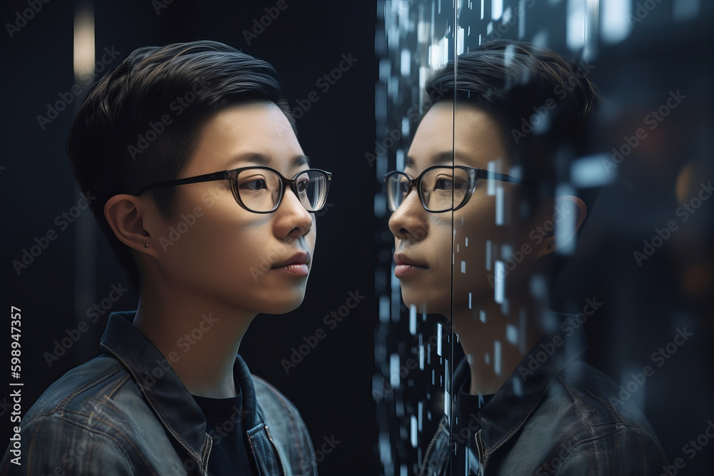 Poster person looking at a digital artificial intelligence version of themselves. deep fake. generative ai 