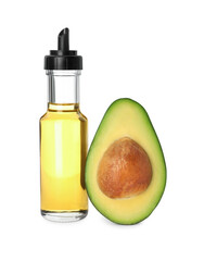 Cooking oil and half of fresh avocado isolated on white