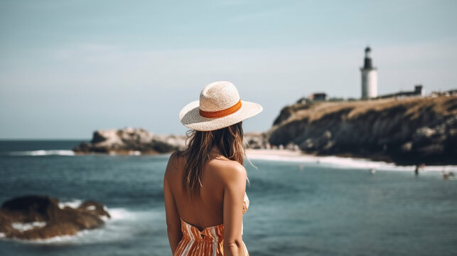 Back View of Unrecognizable French Model in Swimwear and Elegant Hat on Blue Lagoon - Generative Ai