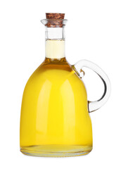 Glass jug of cooking oil isolated on white