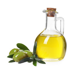 Glass jug of cooking oil, ripe olives and green leaves isolated on white