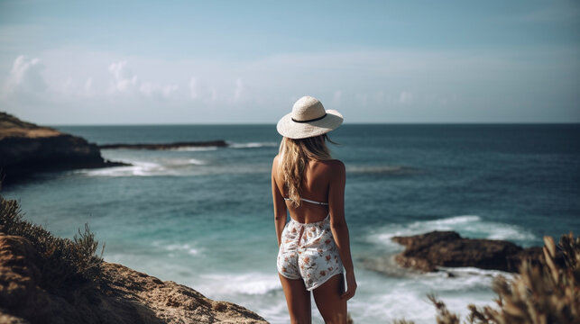 Back View of Unrecognizable Beautiful Woman in Swimwear Admiring Blue Sea on Sunny Da - Generative Ai
