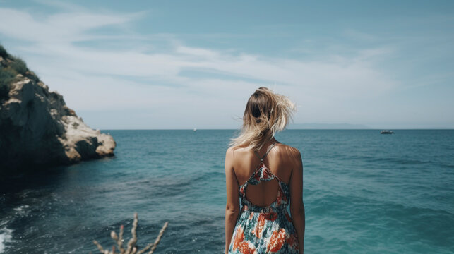 Back View of Unrecognizable Beautiful Woman in Swimwear Admiring Blue Sea on Sunny Da - Generative Ai
