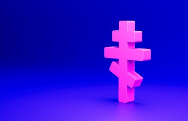 Obraz premium Pink Christian cross icon isolated on blue background. Church cross. Minimalism concept. 3D render illustration