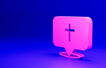 Fototapeta premium Pink Map pin church building icon isolated on blue background. Christian Church. Religion of church. Minimalism concept. 3D render illustration