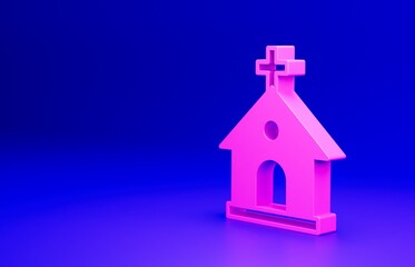 Pink Church building icon isolated on blue background. Christian Church. Religion of church. Minimalism concept. 3D render illustration