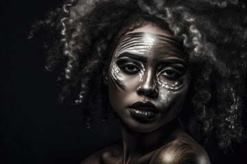 Black woman with her face painted like she's from an African tribe on dark background. Generative AI.