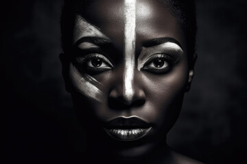 Black woman with her face painted like she's from an African tribe on dark background. Generative AI.