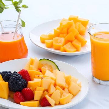 Food and Drink: Generate an image of a delicious and healthy fruit salad served on a white plate next to a fresh glass of orange juice.