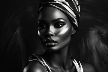 African woman model with her face painted like she's from an African tribe on dark background. Generative AI.
