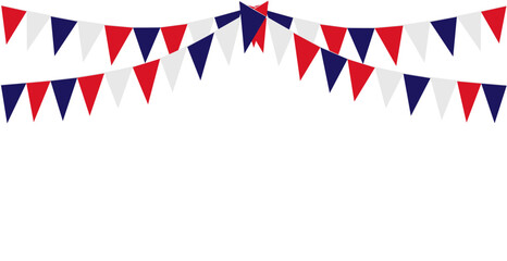 Bunting Hanging Red White Blue Flags Triangles Banner Background. United State of America, France, Thailand, New Zealand, Netherlands, British, Great Britain. - obrazy, fototapety, plakaty