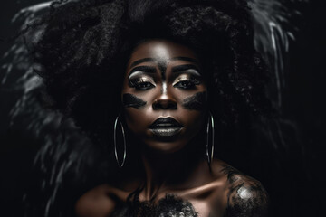 Black woman with her face painted like she's from an African tribe on dark background. Generative AI.